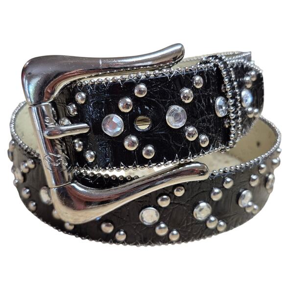 Guess Black Rhinestone Studded Beads Bling Faux Patent Leather Belt 34 - 38 - Picture 1 of 5